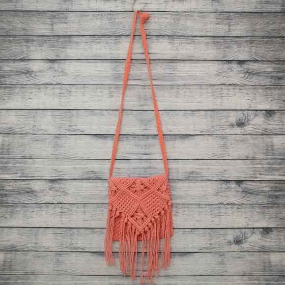 Handbags - Coral boho fringed crochet crossbody/shoulder bag